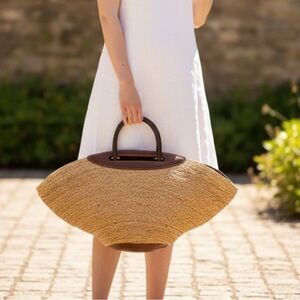 Cult Gaia raffia Wanda Tote with Brown Leather Handles. NWT and Dust Bag